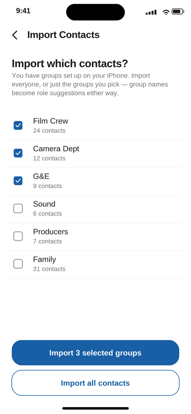 The CrewDex import screen listing iPhone contact groups with checkboxes for choosing which to import.