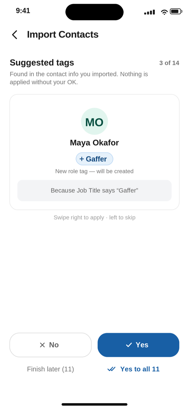 CrewDex suggesting the tag Gaffer for Maya Okafor, with the reason: because Job Title says Gaffer.
